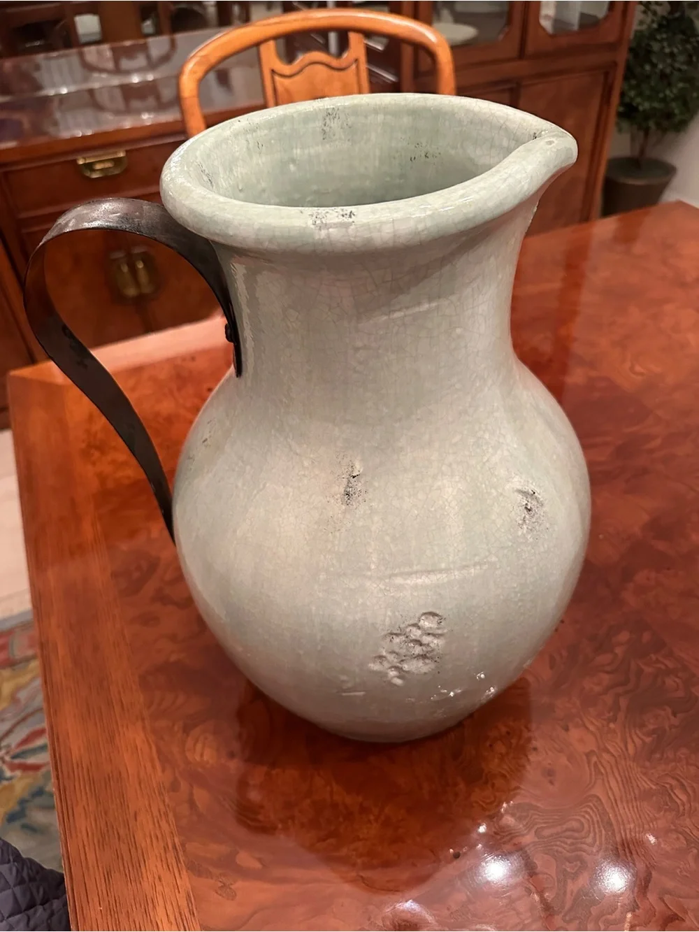 Pottery Barn Pale Sage Green Ceramic Pitcher with Metal Handle